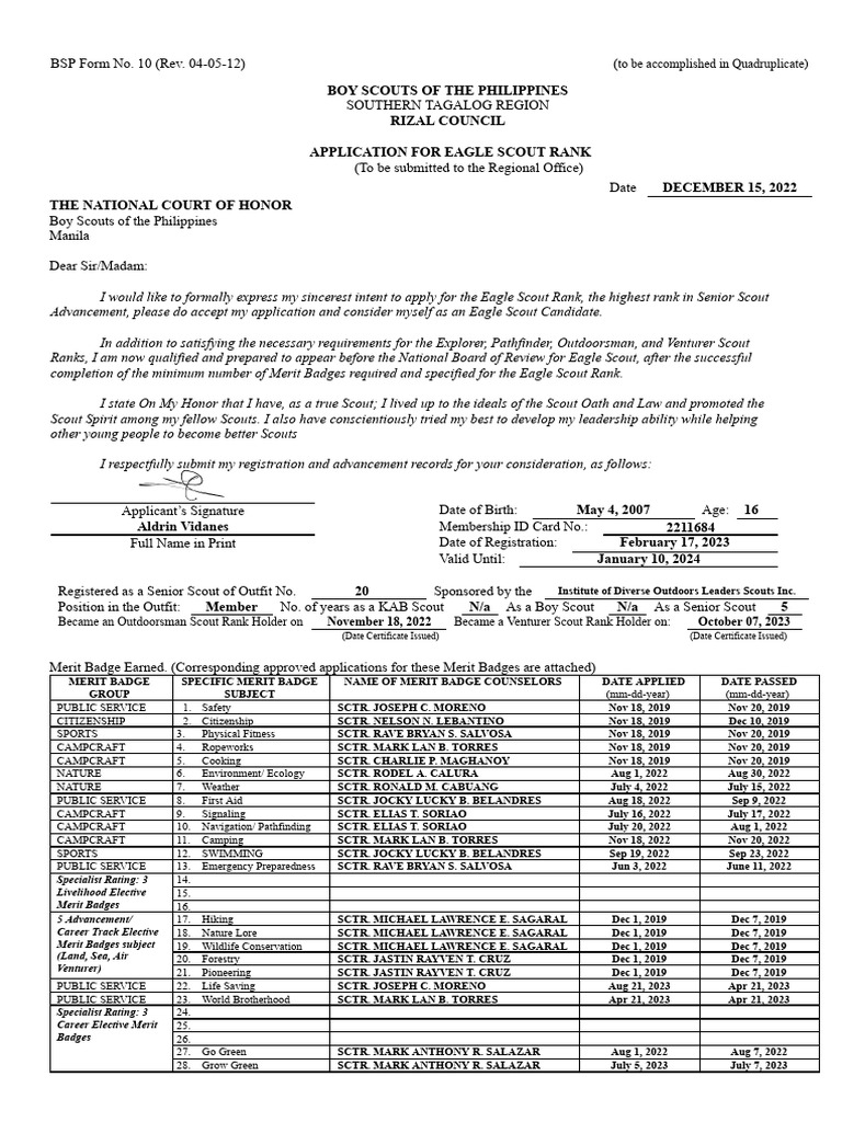 Eagle Scout Application Sheet