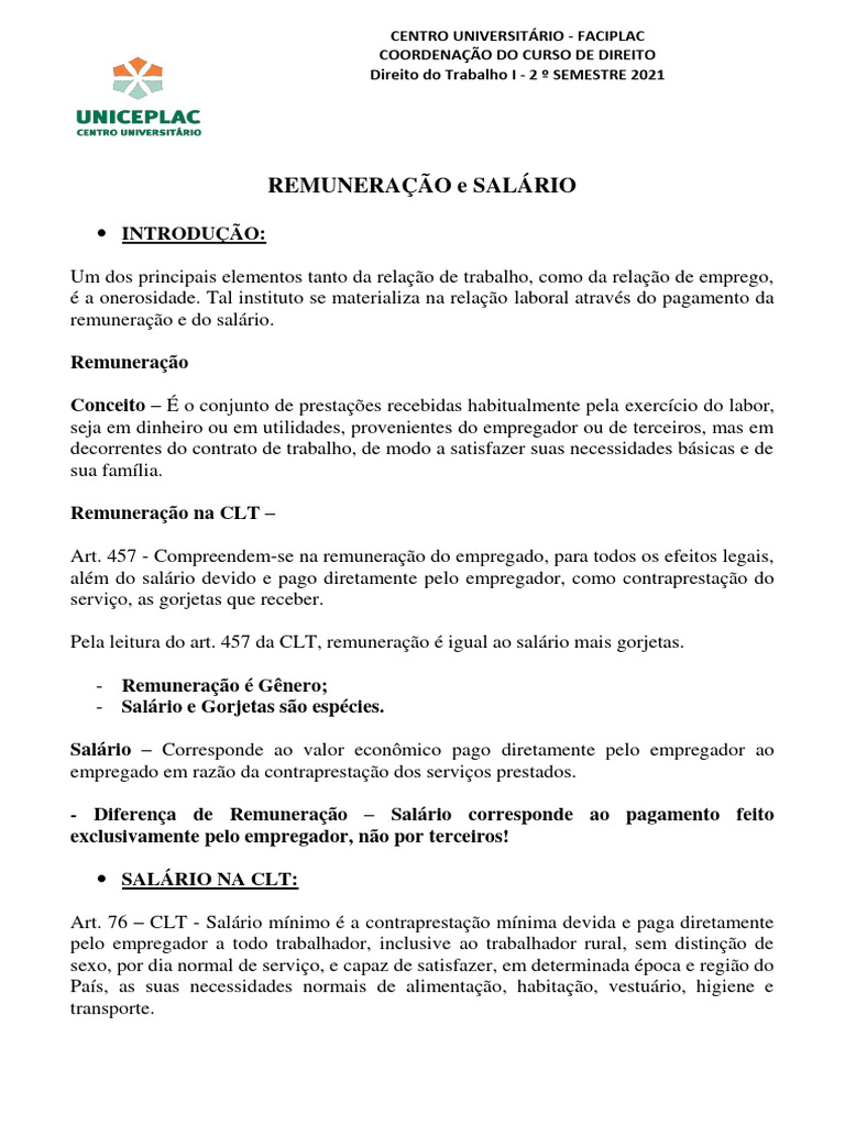 Remuneração e Salário no Direito do Trabalho | PDF | Salário | Salário ...