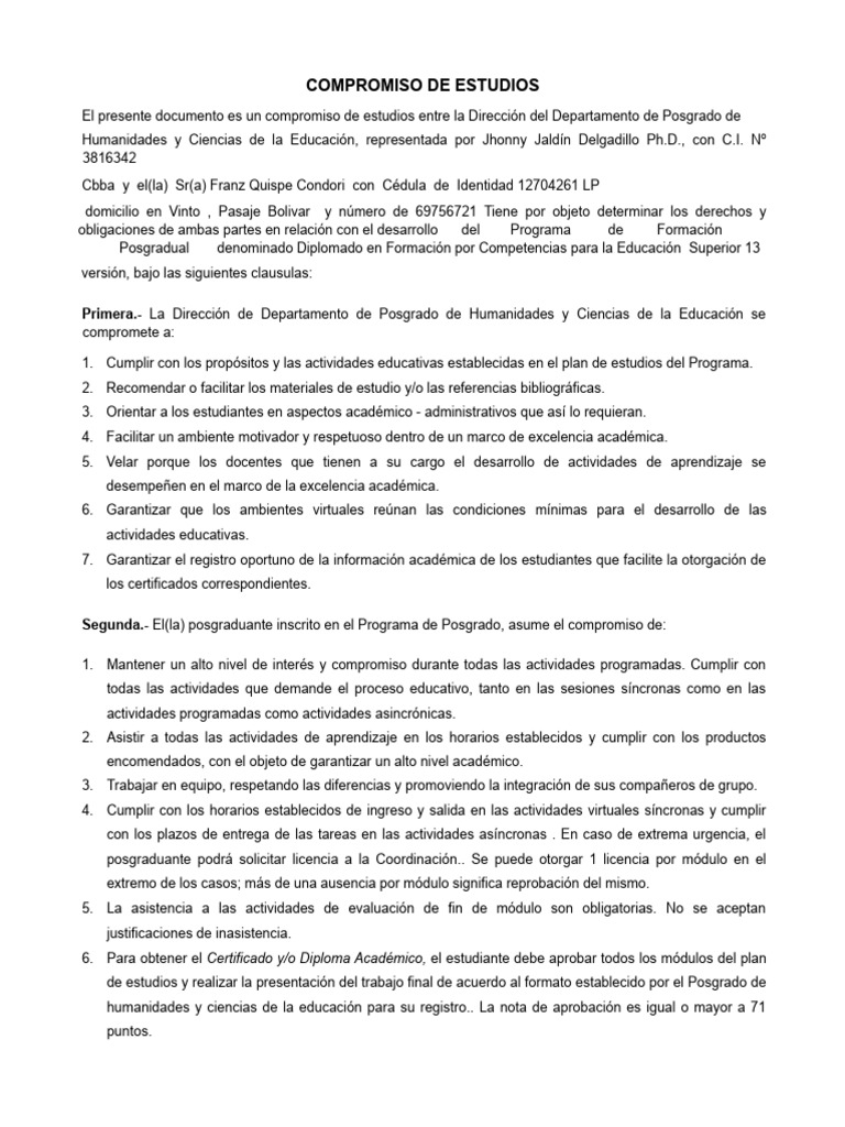 Compromiso de Estudios Diplomado Posgrado | PDF
