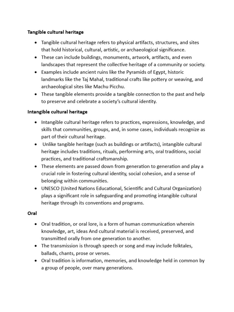 Types of Cultural Heritage Explained | PDF | Cultural Heritage | Oral ...