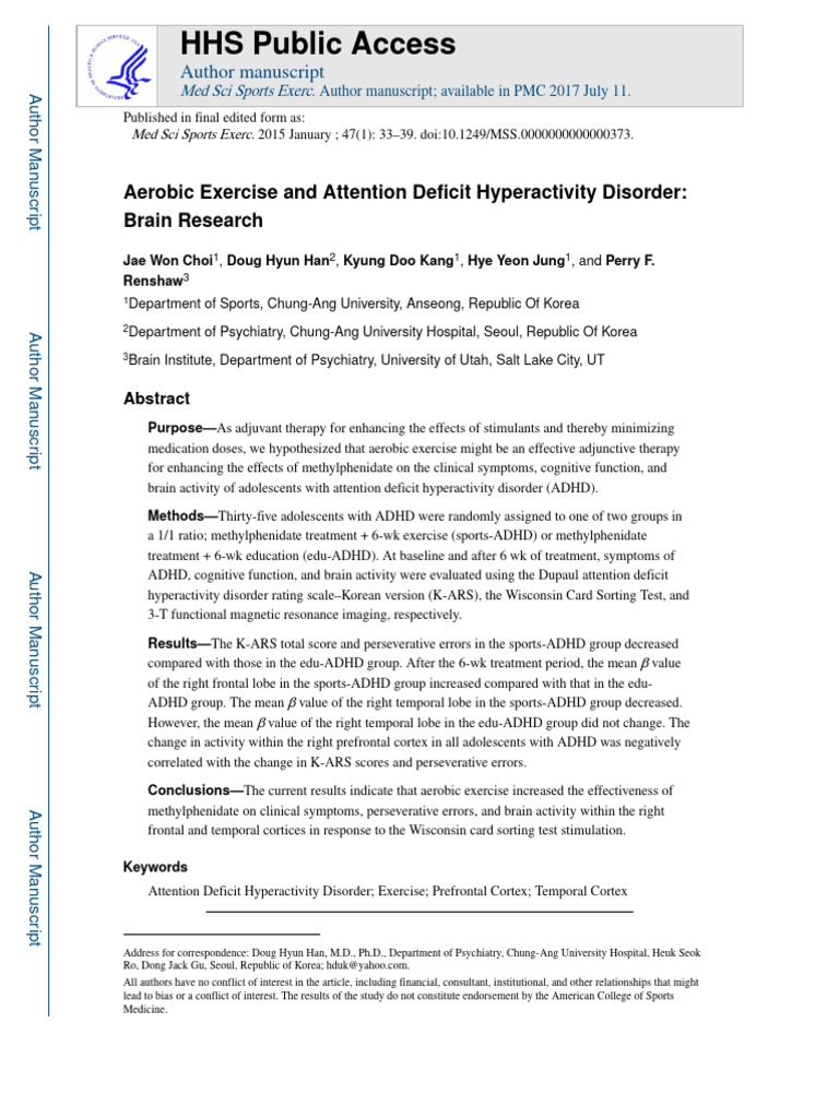 Aerobic Exercise and Attention Deficit Hyperactivity Disorder - Brain ...