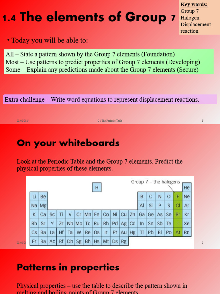 Group 7 Elements: Properties & Reactions | PDF | Chlorine | Iodine