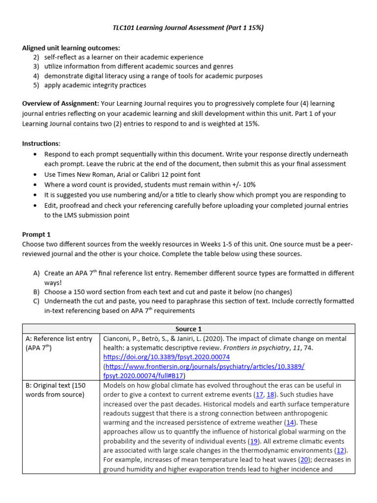 Learning Journal Assessment Guide | PDF | Climate Change | Climate