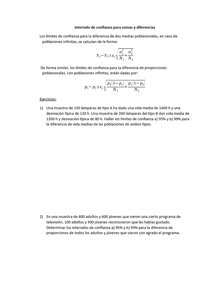 Estimación Estadística - Sumas y Diferencias - Desviación Estándar ...