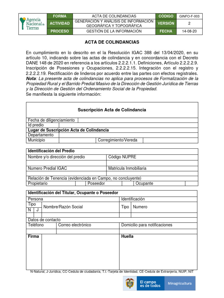 GINFO F 003 Forma ACTA DE COLINDANCIA - V2 | PDF