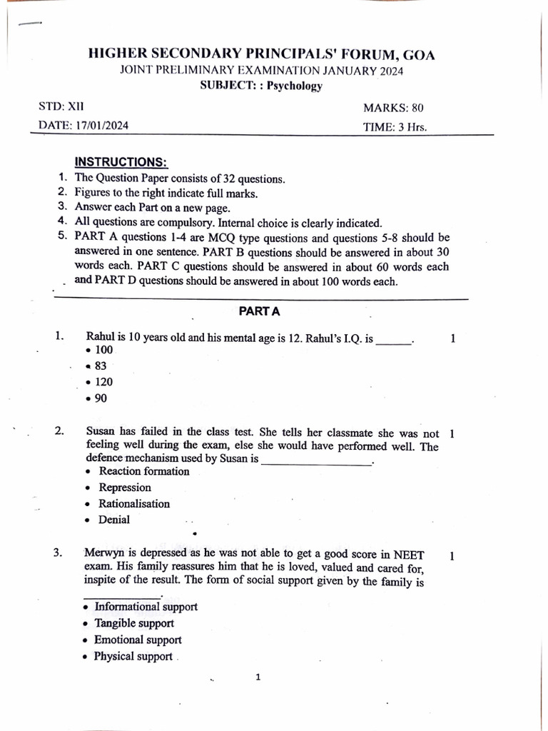 Goa 2024 Psychology Prelims Paper | PDF | Attention Deficit ...
