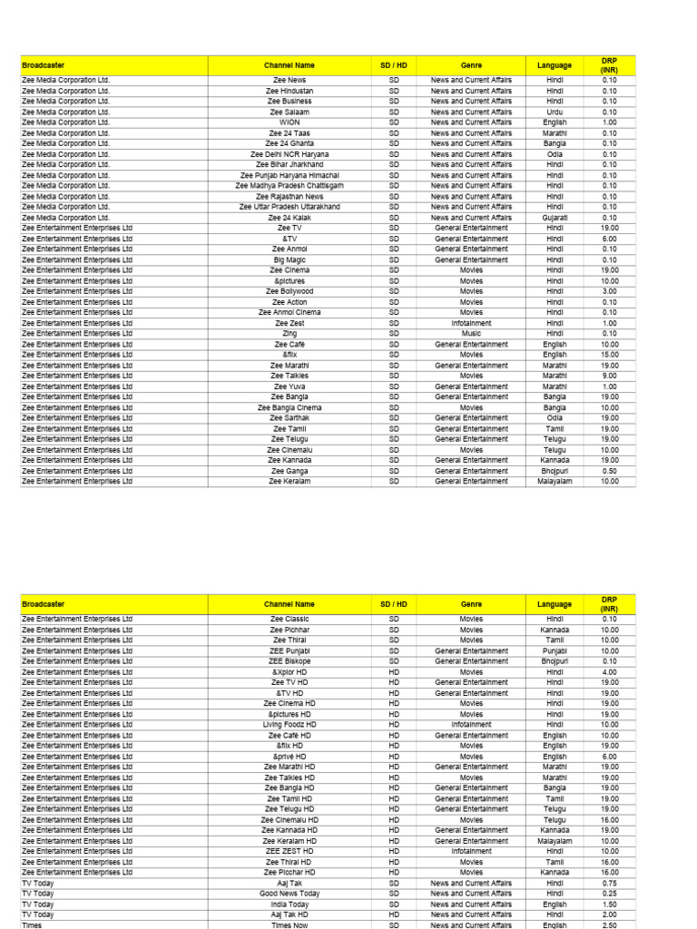 Zee Network Channel List Overview | PDF | Television Network | Television