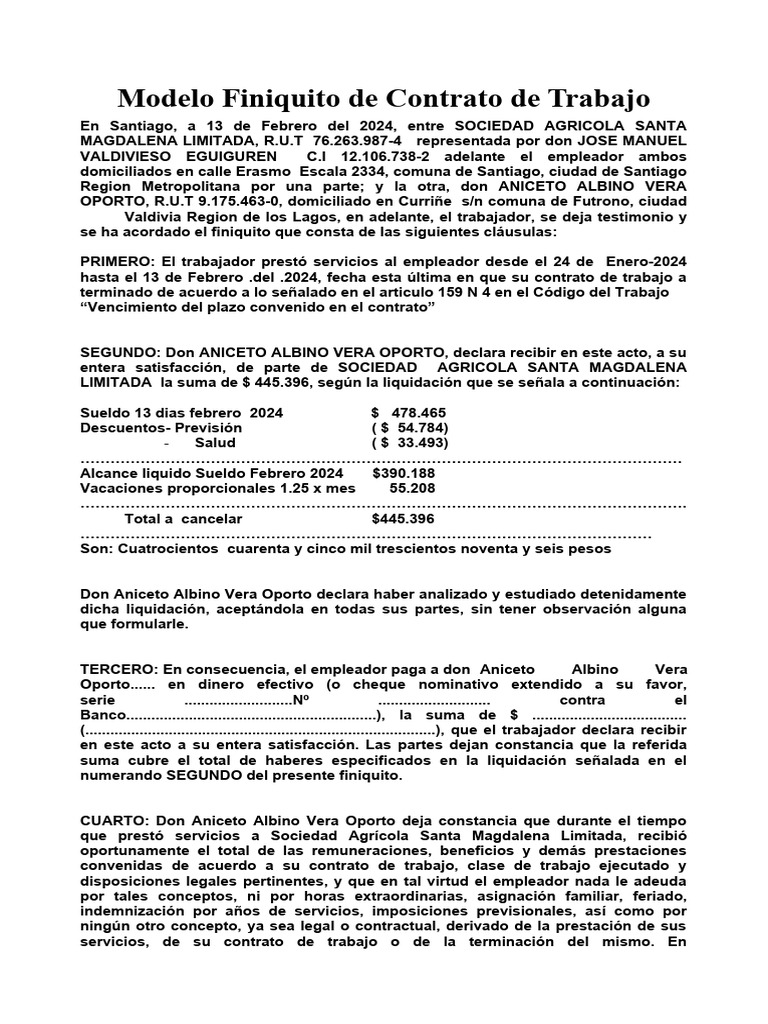 Modelo de Finiquito Laboral en Chile | PDF | Negocios | Finanzas y dinero