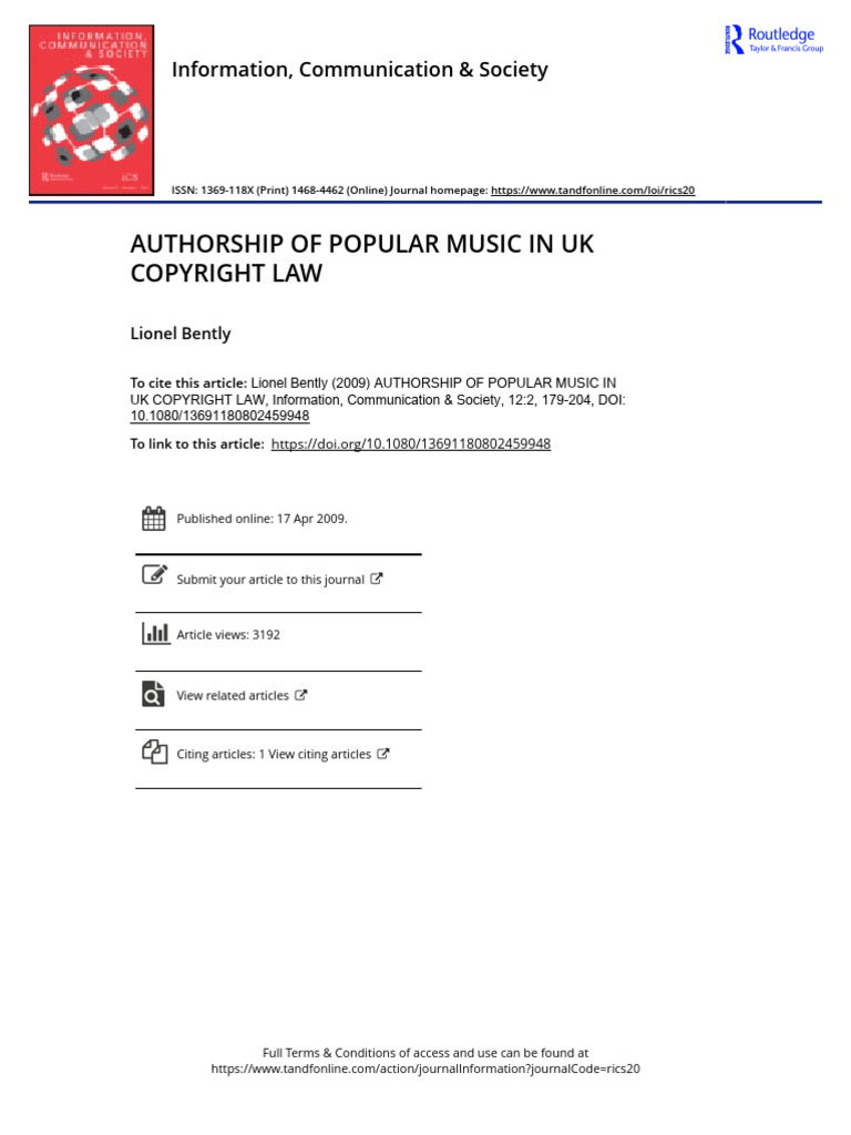 Authorship of Popular Music in Uk Copyright Law | PDF | Copyright ...