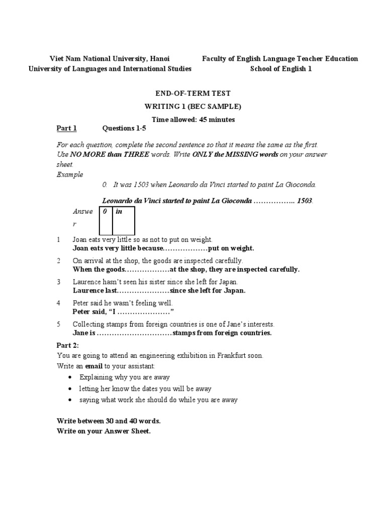 BEC Sample Writing Test Document | PDF | Language Arts & Discipline