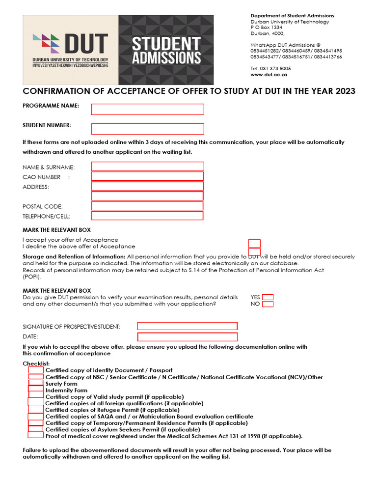 DUT Acceptance and Registration Guidelines | PDF | Legal Liability | Surety