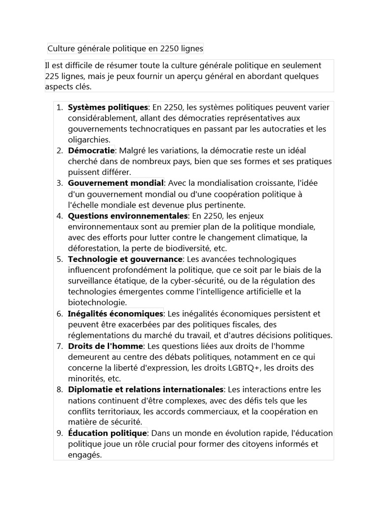 Culture politique en 2250 : enjeux clés | PDF | Démocratie | Idéologies ...
