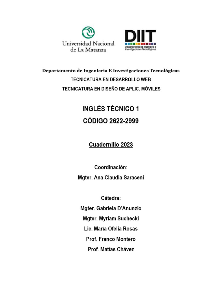 Cuadernillo Ingles Tecnico 1 2622 2999 Completo Pdf Verbo Oración