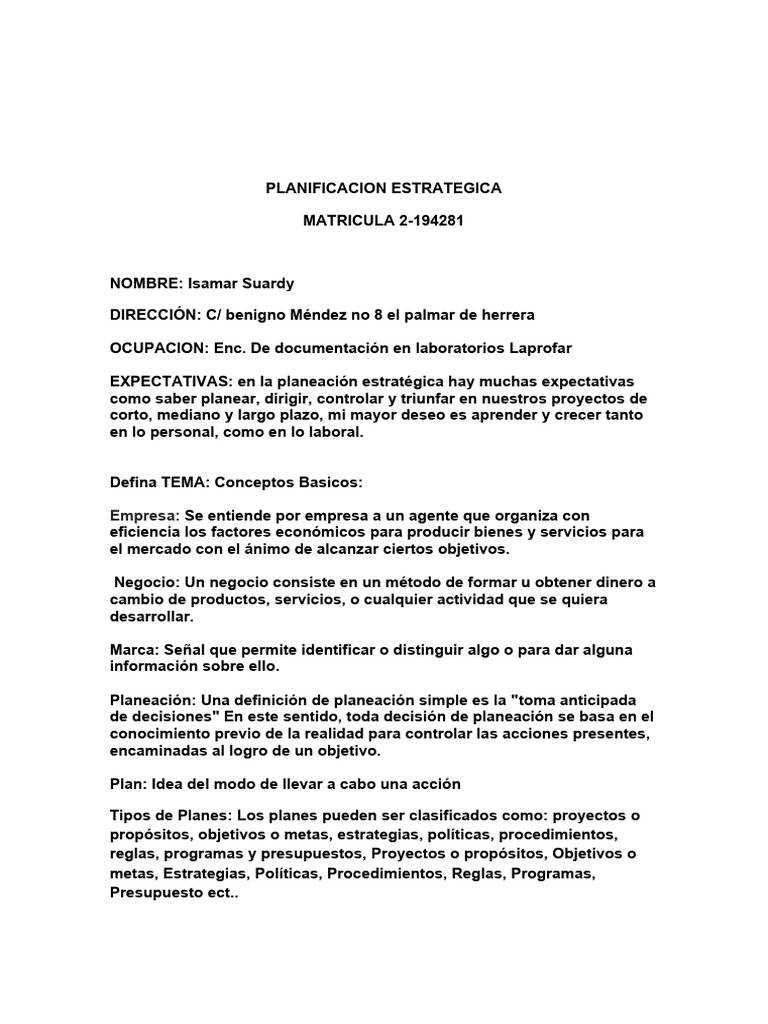 Planificacion Estrategica Tarea No 1 Direccion Nombre y Conceptos | PDF ...