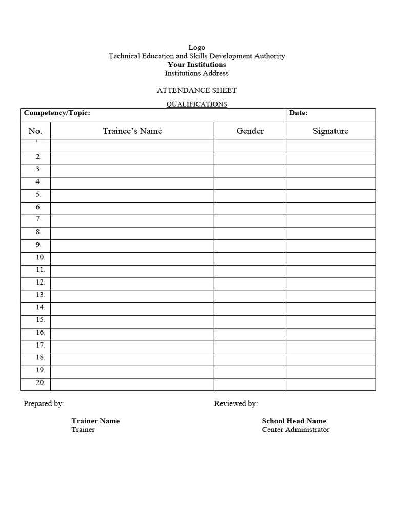 Training attendance sheet sample pdf
