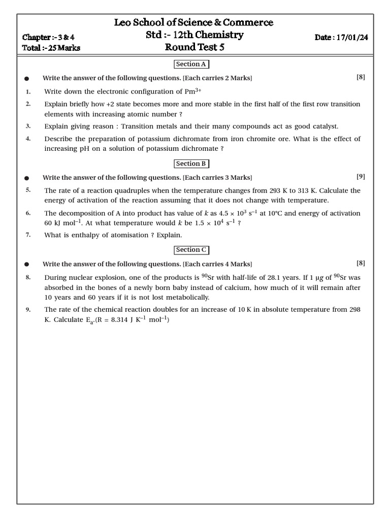 RoundTest5 - D15 Jan 2024 | PDF | Activation Energy | Chemical Reactions