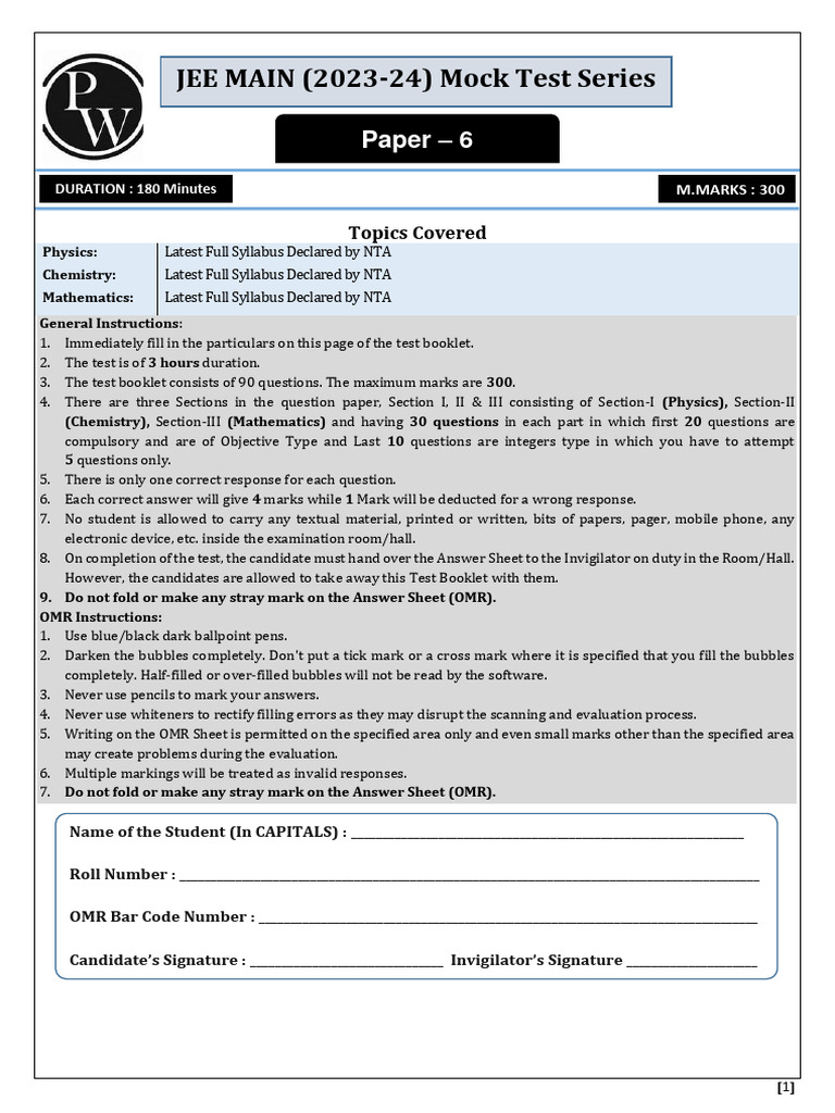 JEE MAIN (2023-24) Mock Test Series: Paper - 6 | PDF | Mole (Unit ...