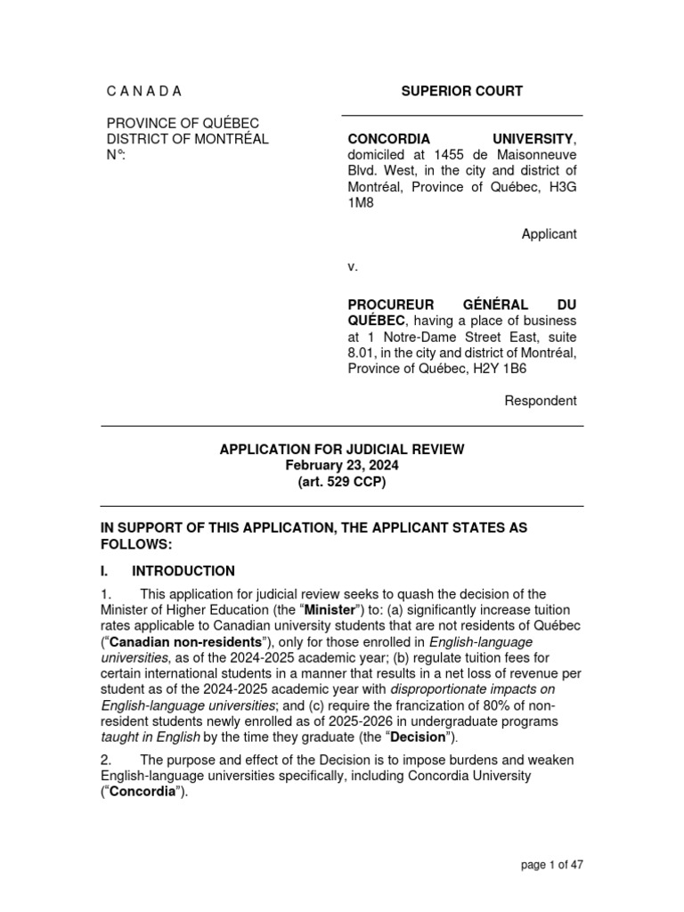 Concordia Lawsuit Against Quebec Tuition Hike - Application For ...