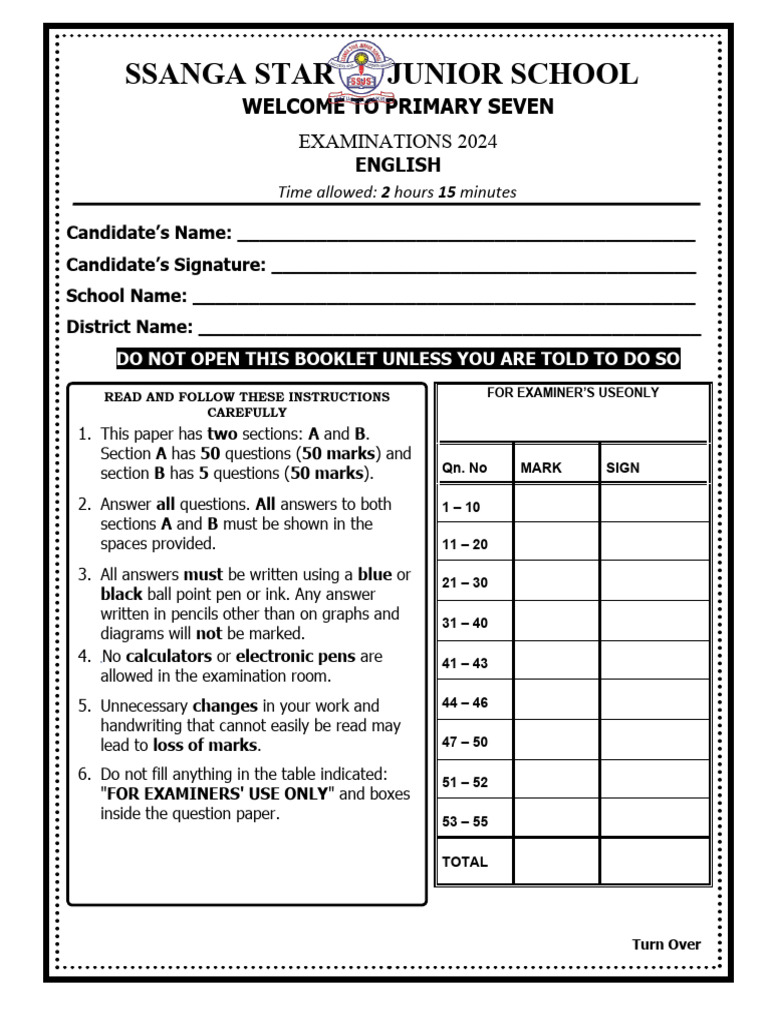 P7 English Exam Paper 2024 | PDF | Pet