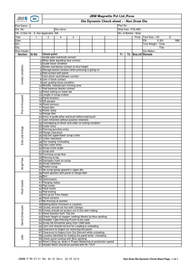 Die Dynamic Buyoff Check Sheet For Non Air Cushion Dies PDF