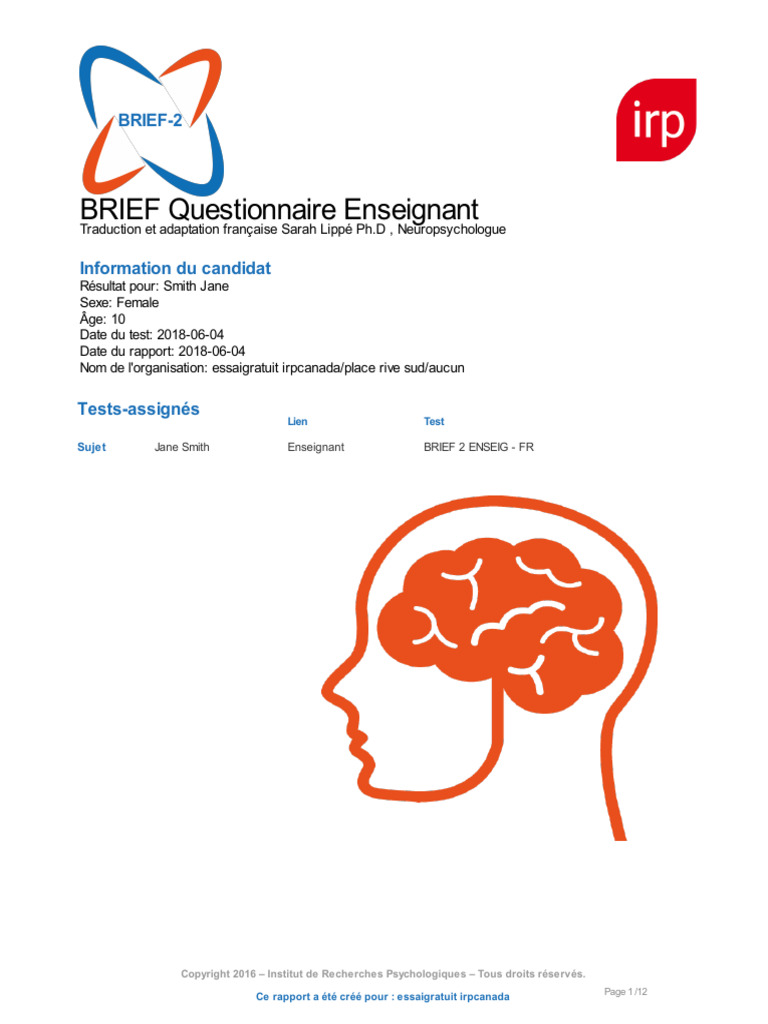 BRIEF Questionnaire Enseignant | PDF | Fonctions exécutives | Émotions