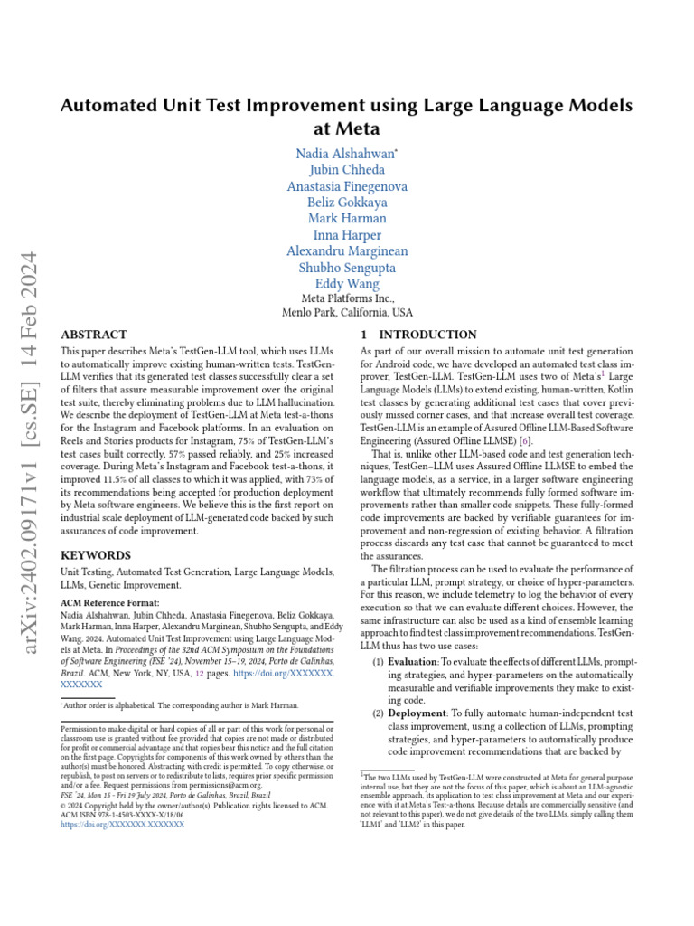 Automated Unit Test Improvement Using Large Language Models at Meta