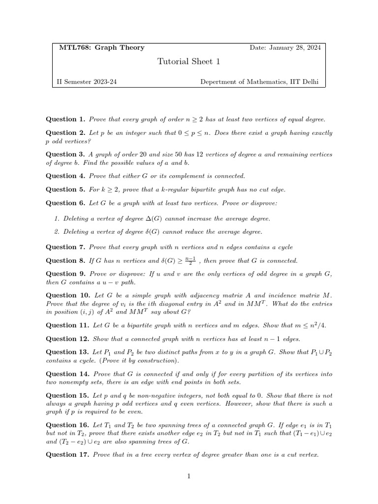 MTL768 Tutorial | PDF | Vertex (Graph Theory) | Graph Theory