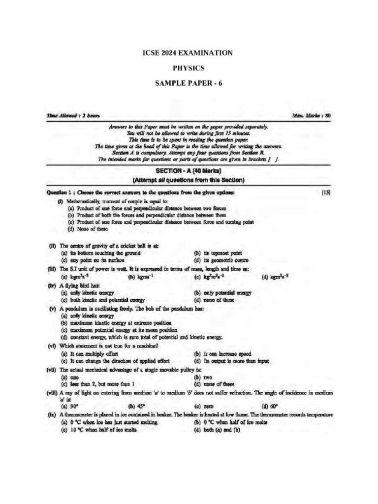 Solution To ICSE Physics 2024 Set 6 | PDF