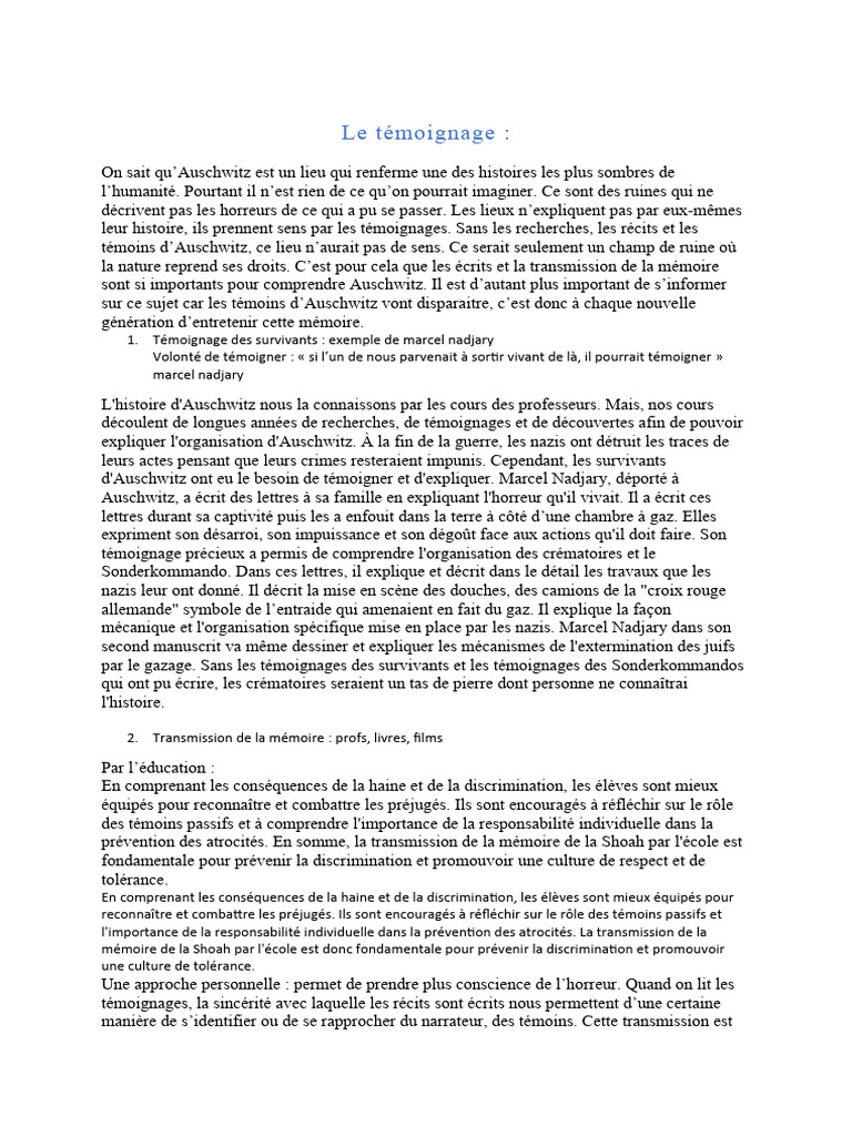 Témoignages d'Auschwitz et mémoire historique | PDF | L'Holocauste ...