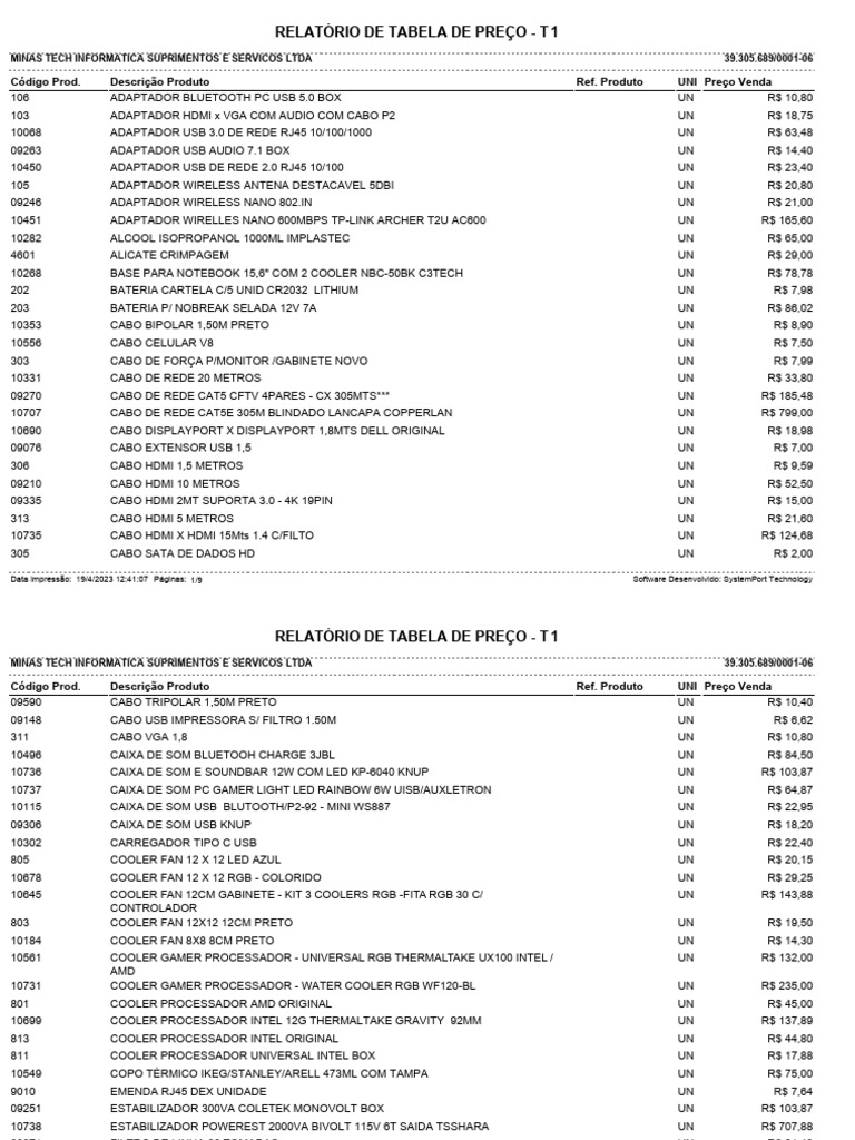 Tabela de Preços Minas Tech 2023 | PDF | Microsoft Windows | USB