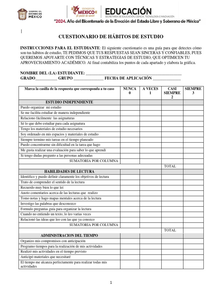 Cuestionario de Hábitos de Estudio | PDF | Artes del Lenguaje y ...