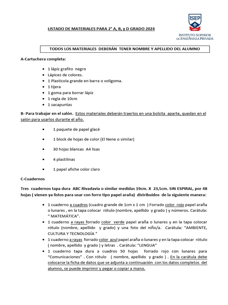 Materiales para 2° Grado 2024 | PDF | Lápiz | Cuaderno