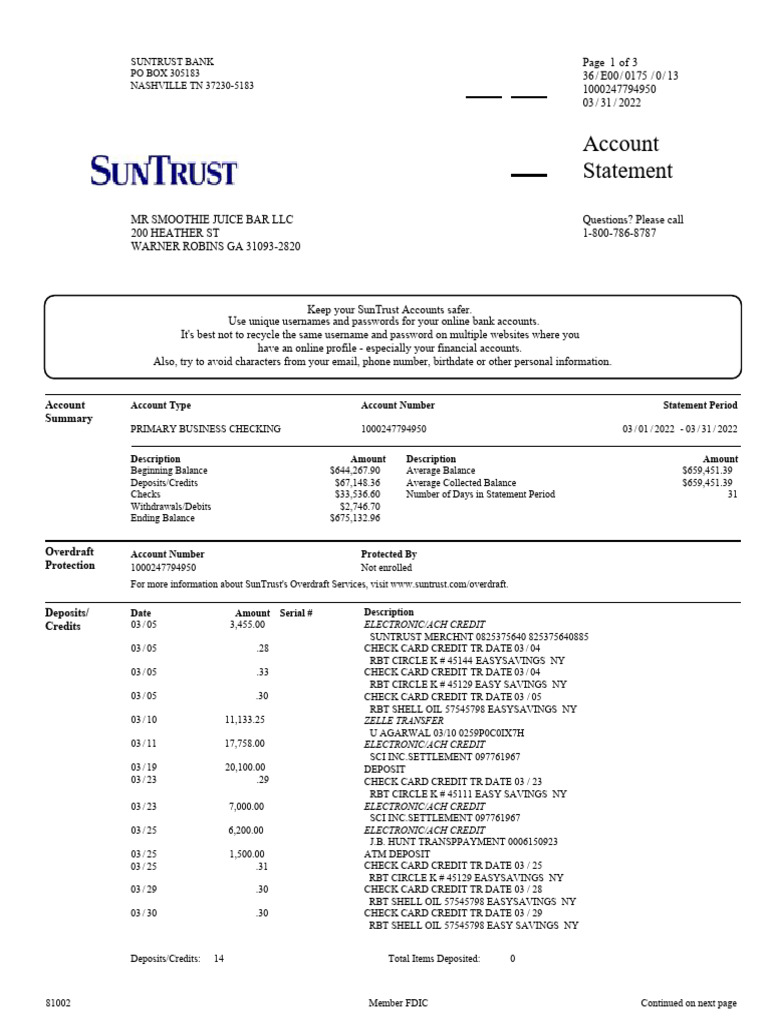 SunTrust Bank Account Statement Summary | PDF | Debit Card | Overdraft