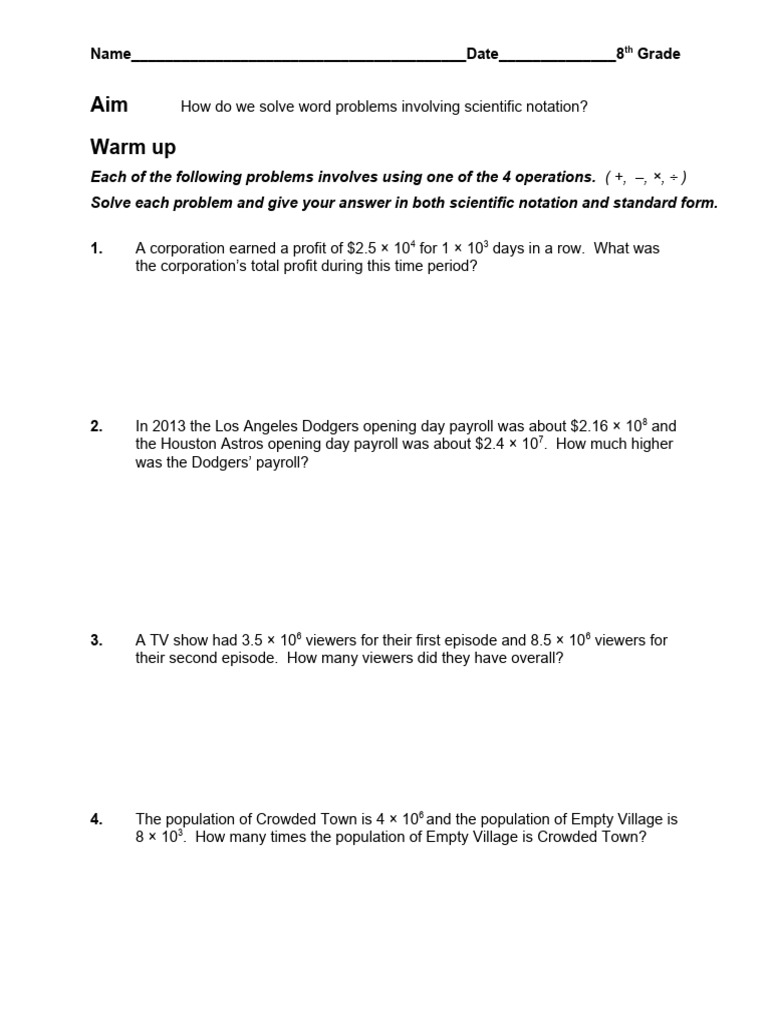 14 - Scientific Notation Word Problems | PDF | New York Knicks ...