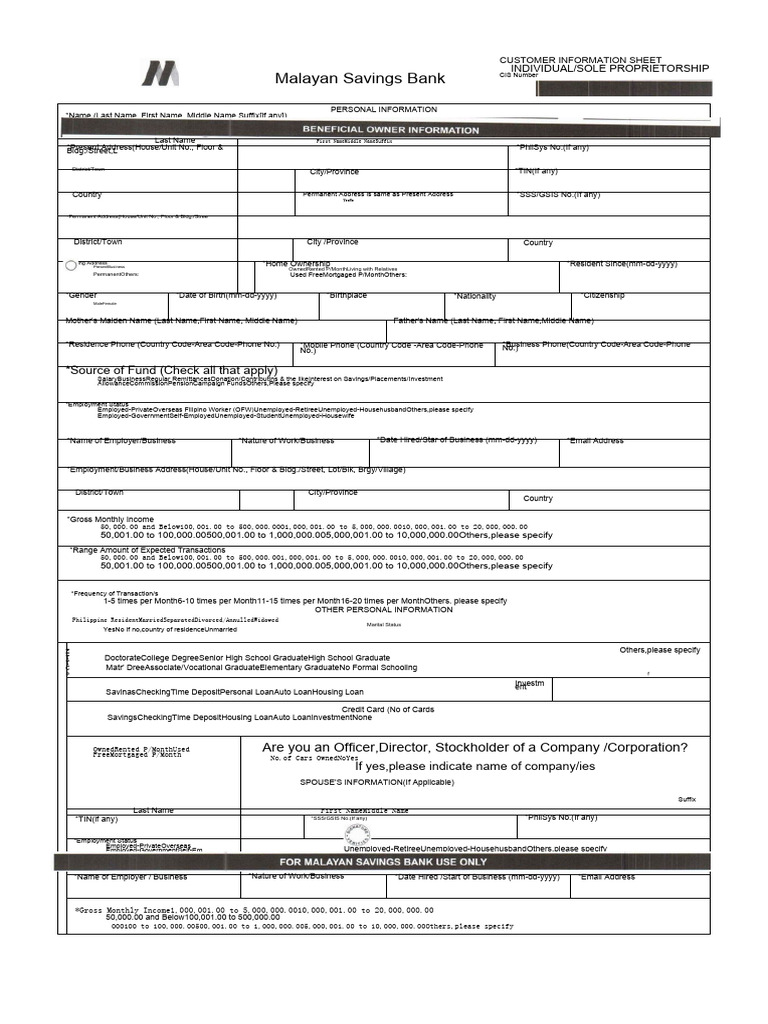 Malayan Savings Bank Customer Info Sheet | PDF | Irs Tax Forms ...