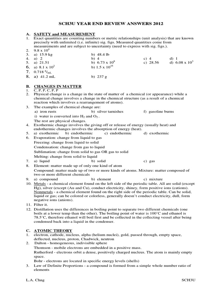 Sch3u Year End Review Answers 2012 | PDF | Ion | Atomic Nucleus