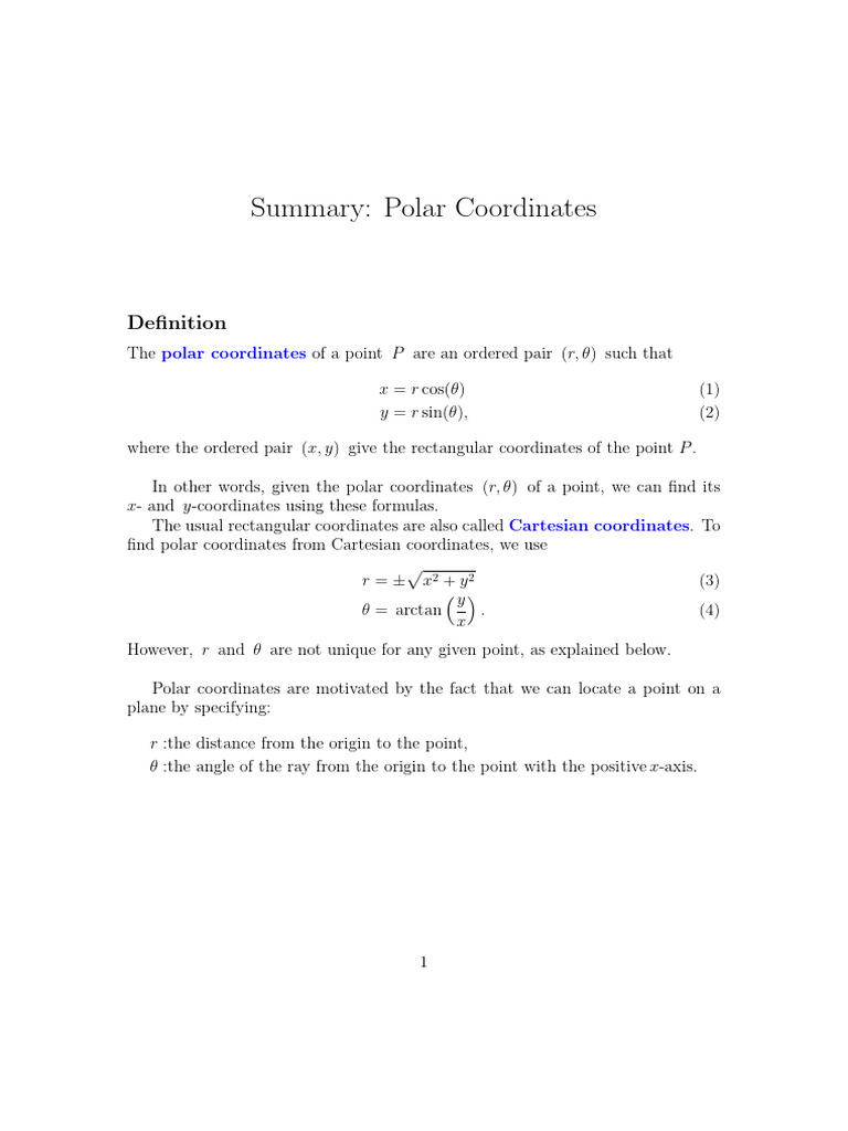 Polar Summary-1 | PDF | Cartesian Coordinate System | Space