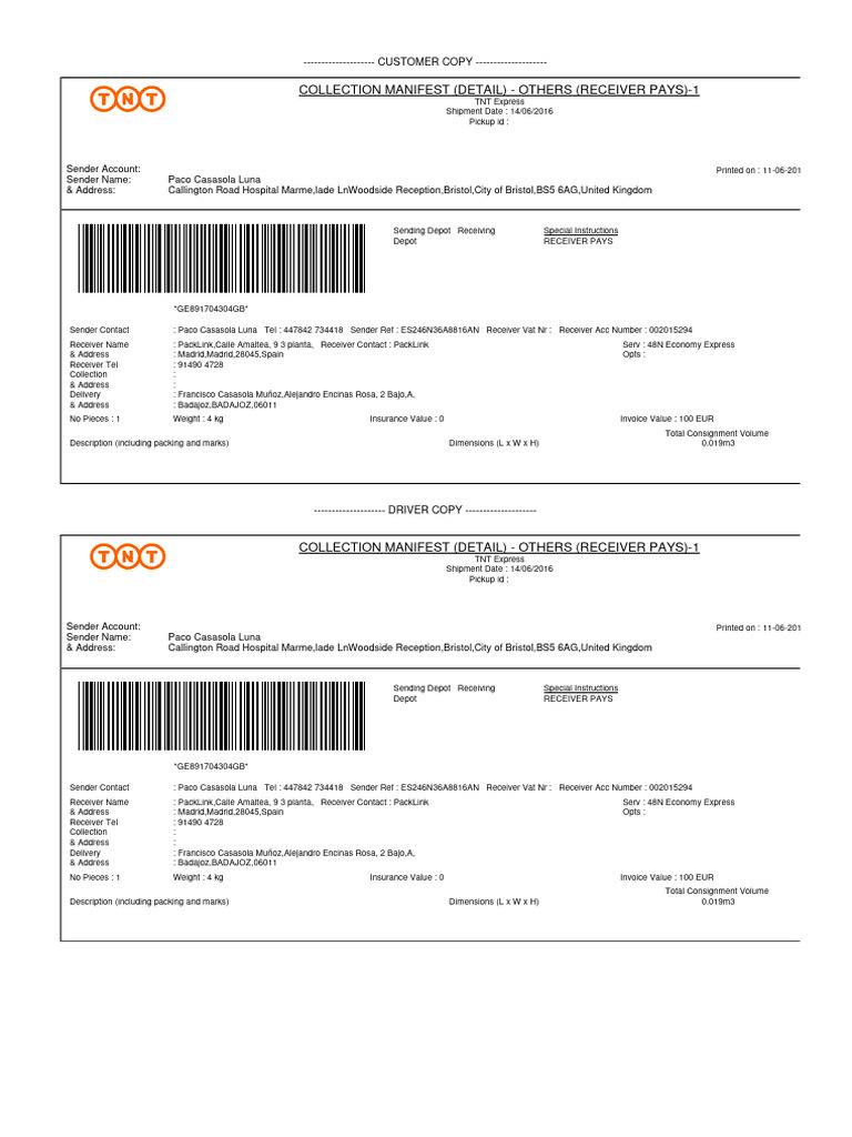 TNT Express Collection Manifest Details | PDF