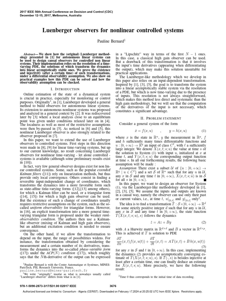 Luenberger Observers For Nonlinear Controlled Systems | PDF | Nonlinear ...
