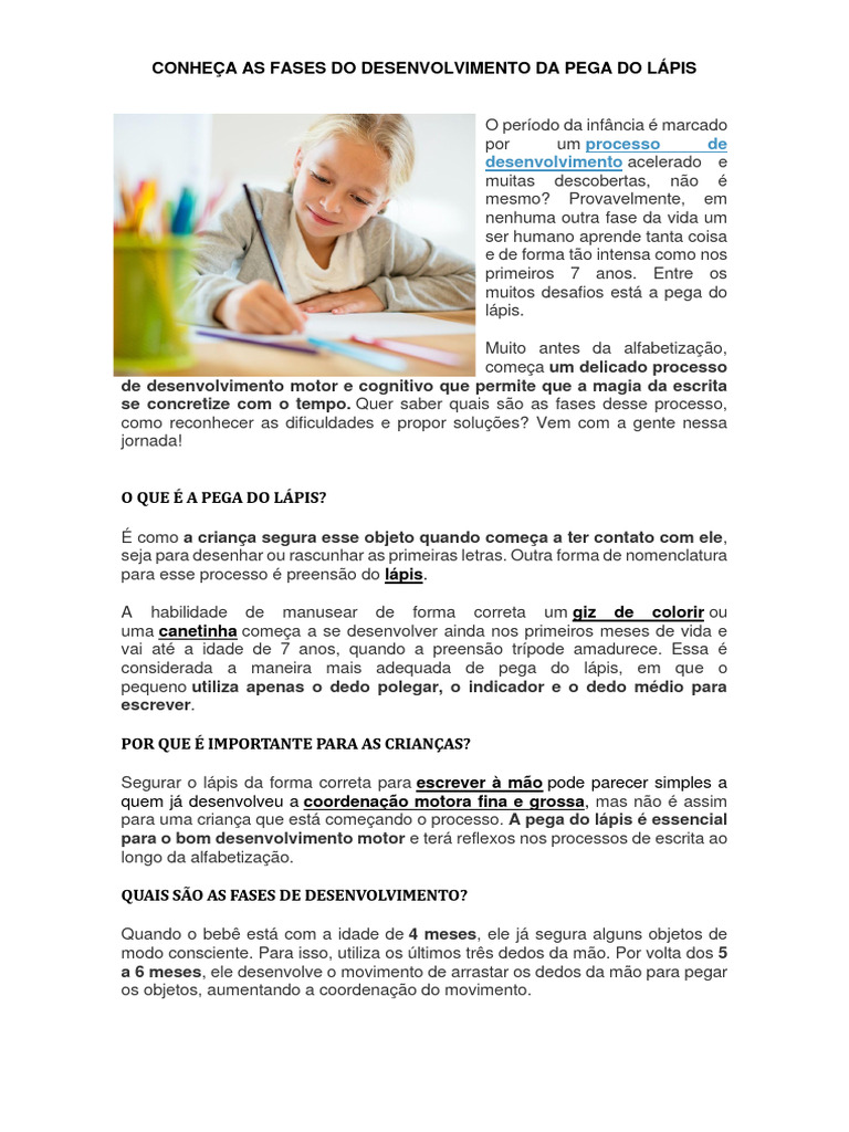 Fases do Desenvolvimento da Pega do Lápis | PDF | Alfabetização | Mão