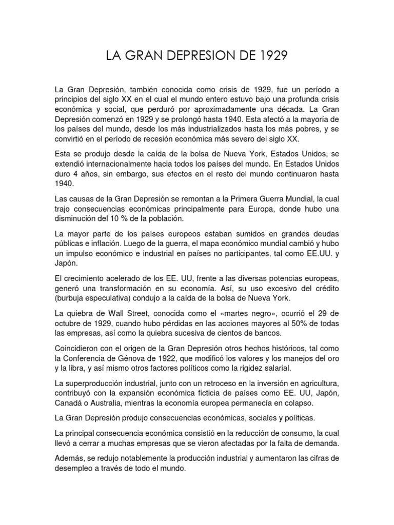 Causas y consecuencias de la crisis de 1929 | PDF | Gran depresion ...