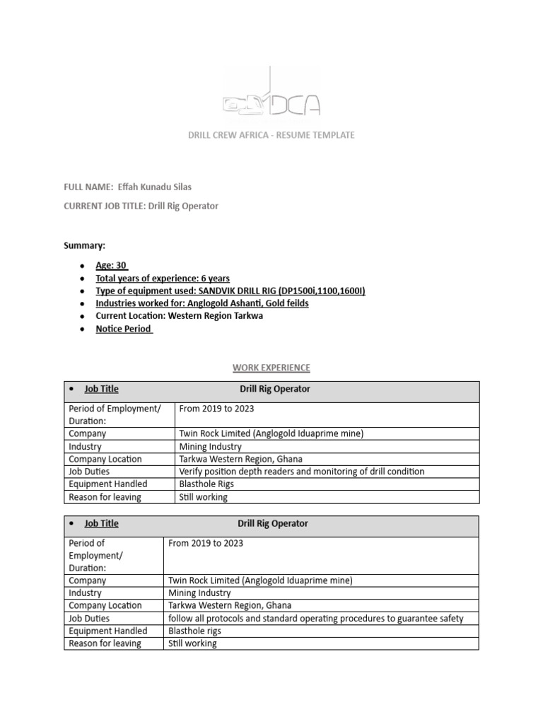 DCA Resume Template for Drill Operators | PDF | Mining