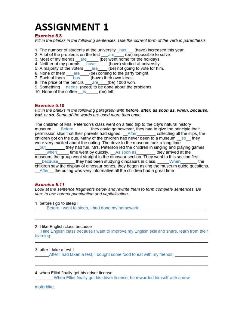 Class 1 Grammar and Sentence Exercises | PDF