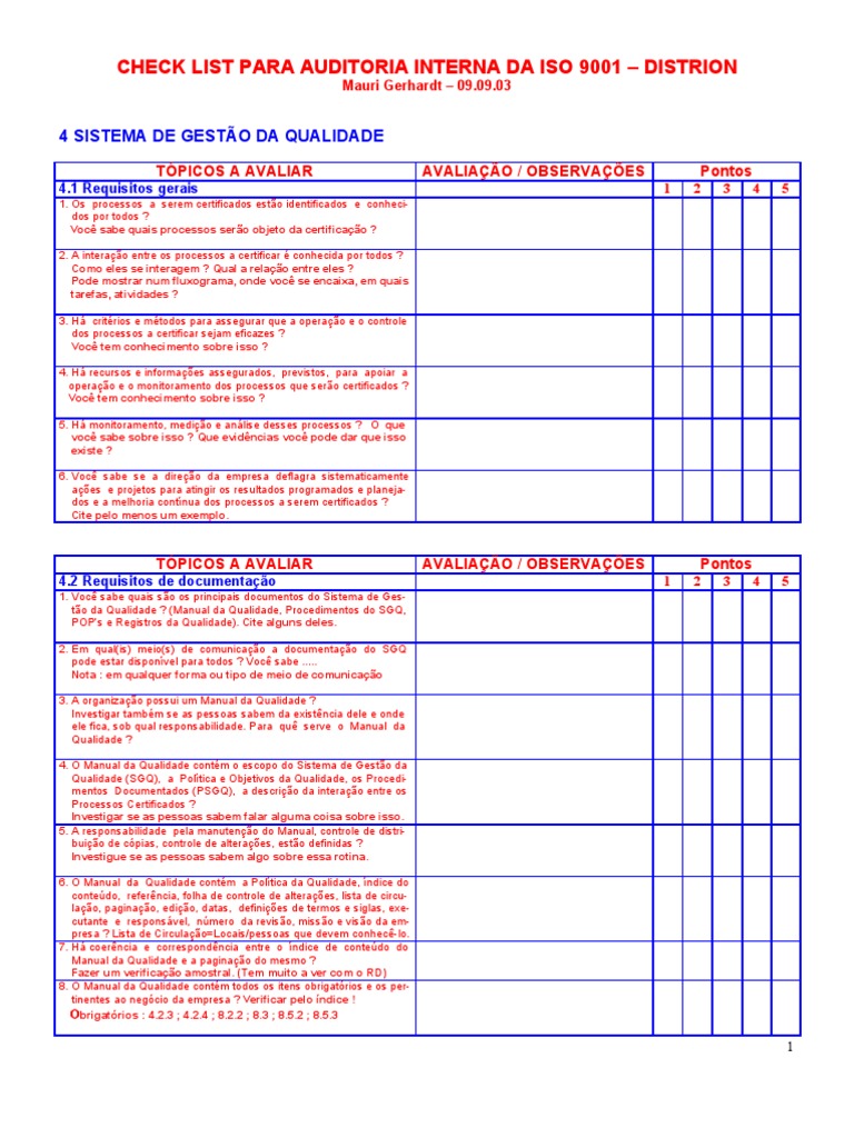 g9 - Check List para Auditoria Interna Da Iso 9001-2000 | PDF | Negócios