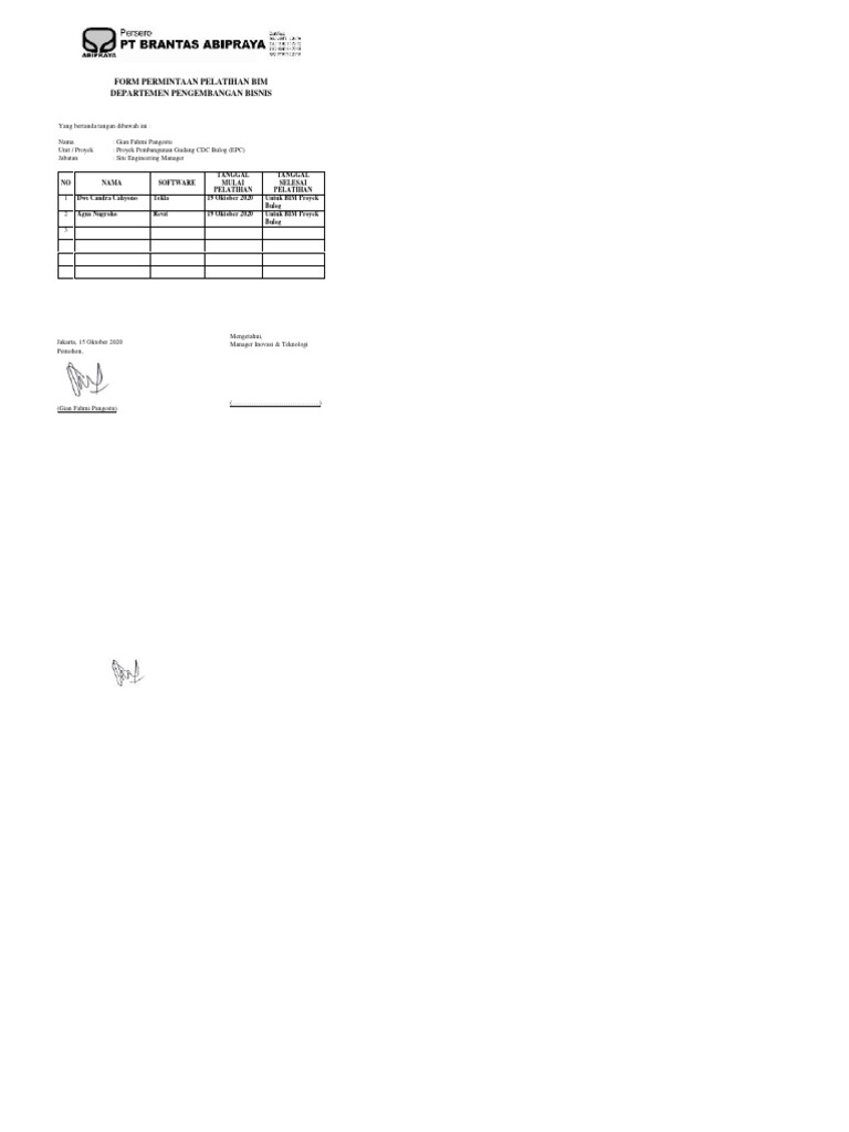 Form Permintaan Pelatihan Bim Bulog | PDF