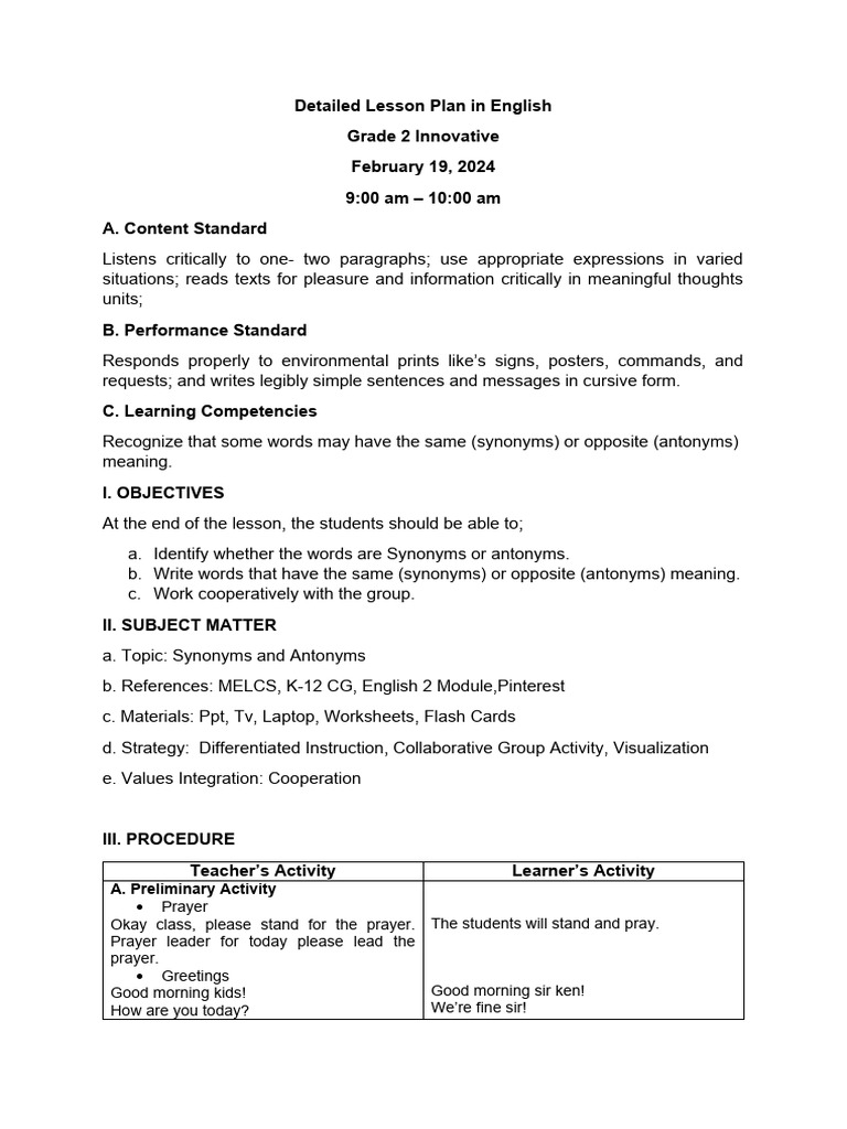 English2 DLP Synonyms and Antonyms PDF PDF Differentiated