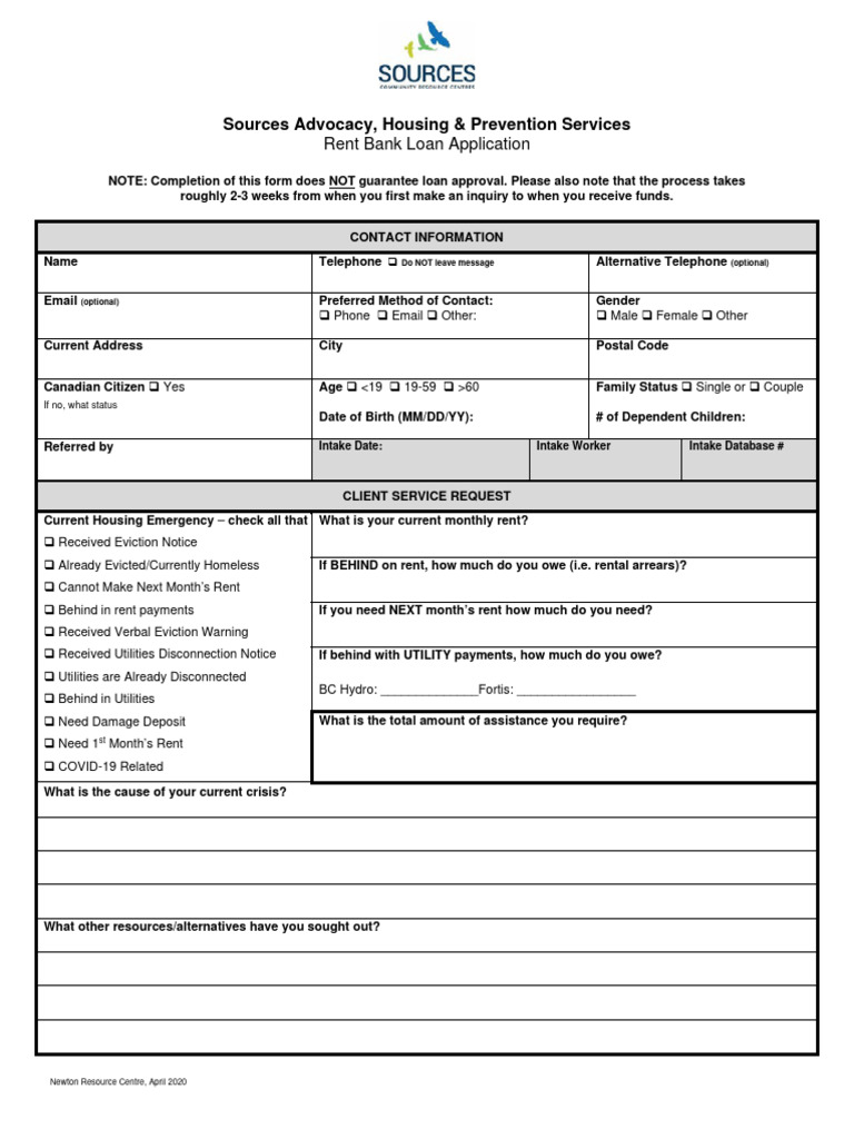 Appendix 1 Rent Bank Intake Loan Application Form | PDF | Bankruptcy ...