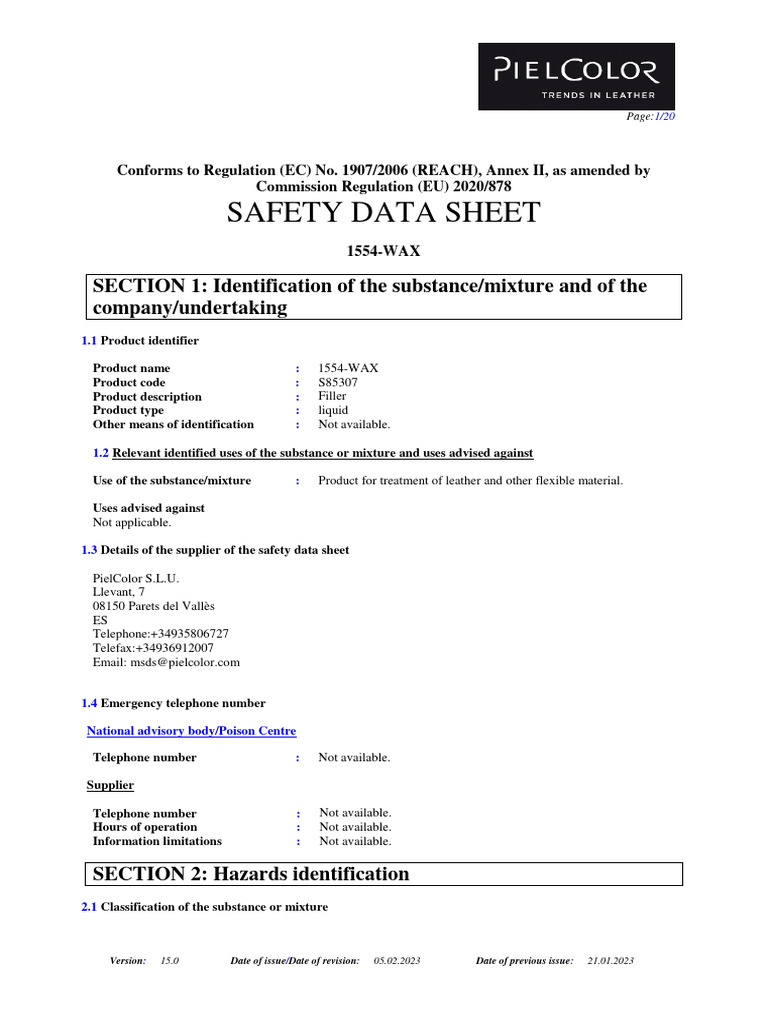 Safety Data Sheet for 1554-WAX Filler | PDF