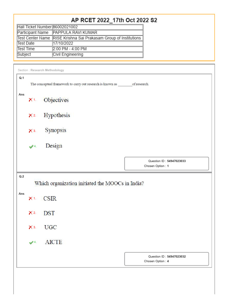 Ap Rcet Reponse Sheet | PDF