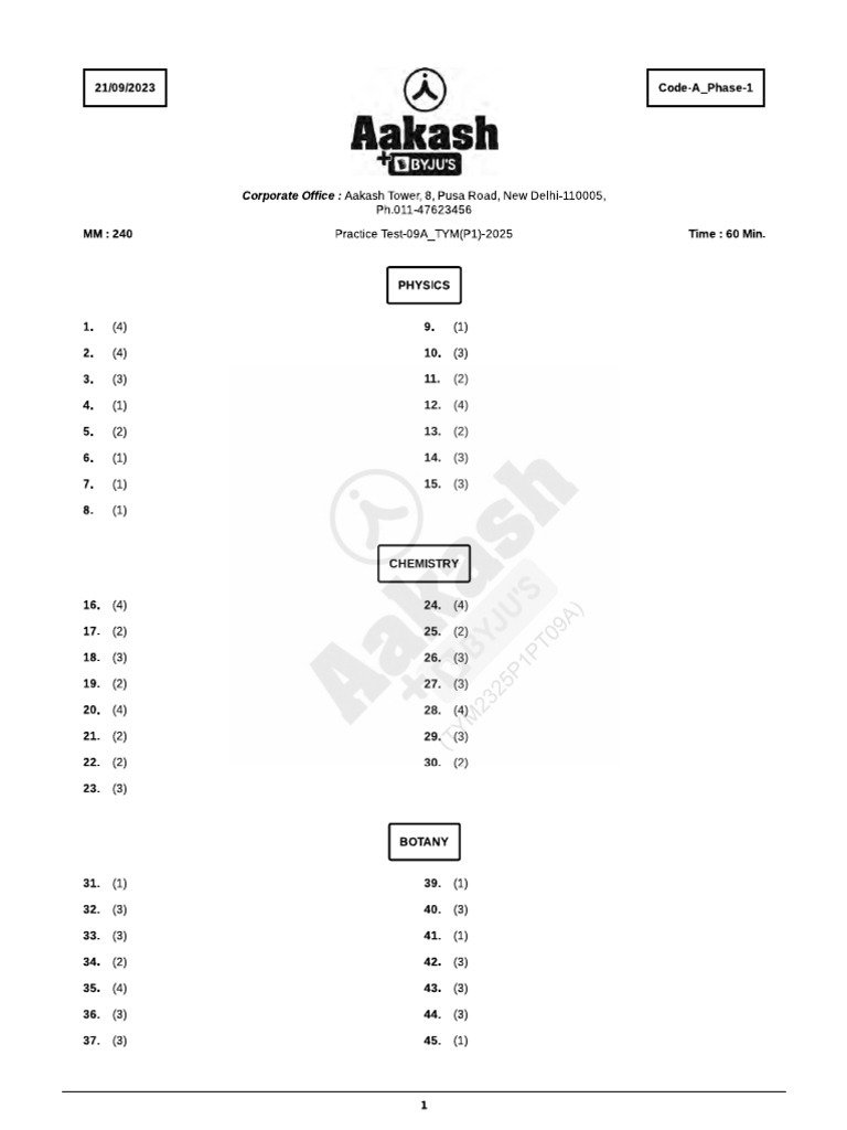 Practice Test 09A - TYM (P1) 2025 (21 09 2023) - Sol | PDF